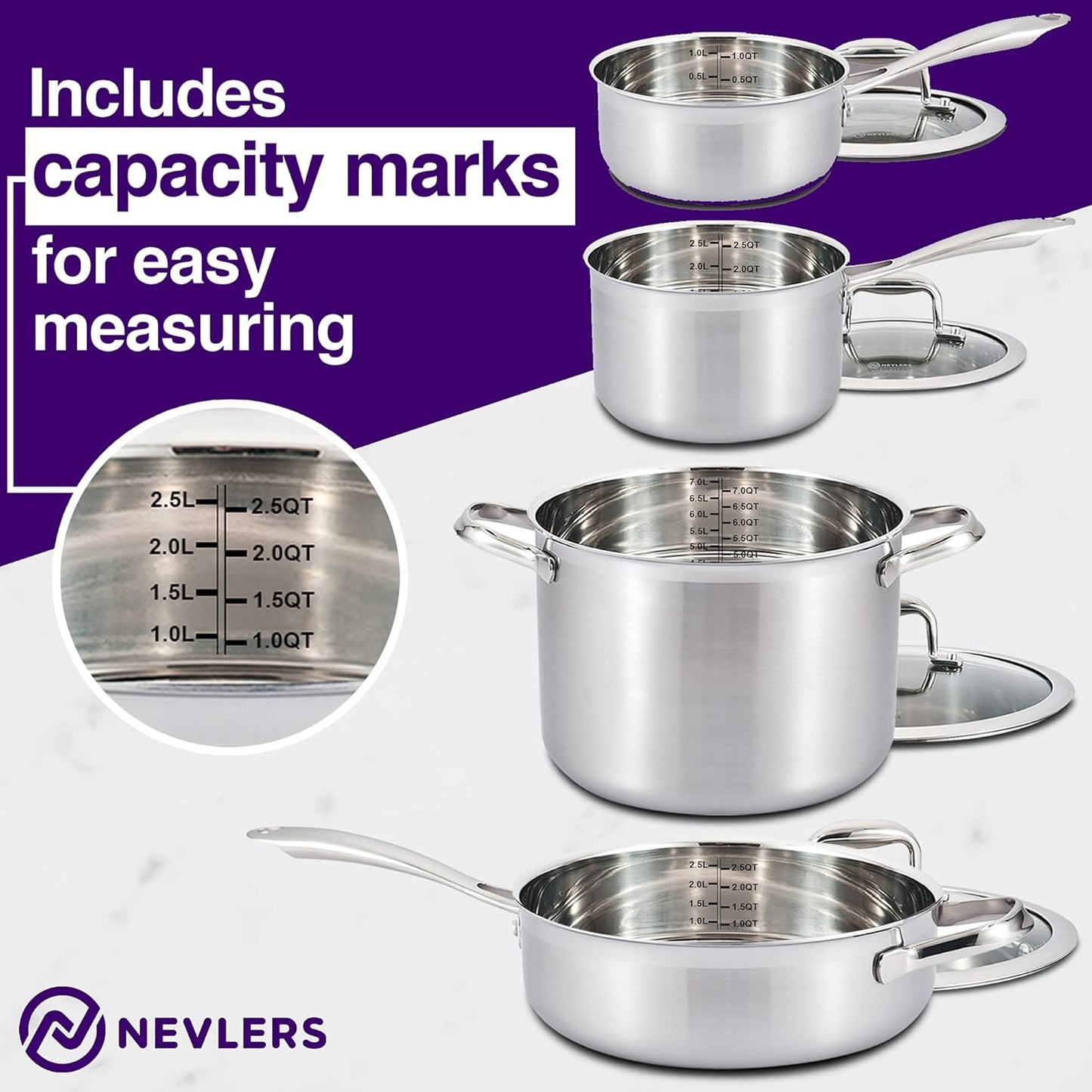 Multi-Clad Stainless Steel Cookware Sets - 15 Piece Pots and Pans Set - Makes for a Great Cooking Set for Your Kitchen - It Is Dishwasher Safe Too!