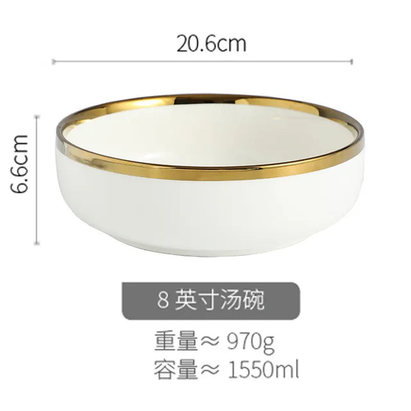 Ceramic Dinnerware Plate Bowl White Gold Stroke Ceramic Dinner Plate Steak Tableware Rice Soup Bowl Spoon Dish Home Decoration