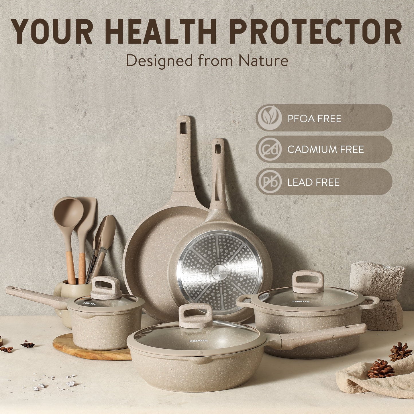Nonstick Pots and Pans Set, 11 Pcs Non Stick Cookware Set, Induction Stone Cookware Kitchen Cooking Set (Taupe Granite)