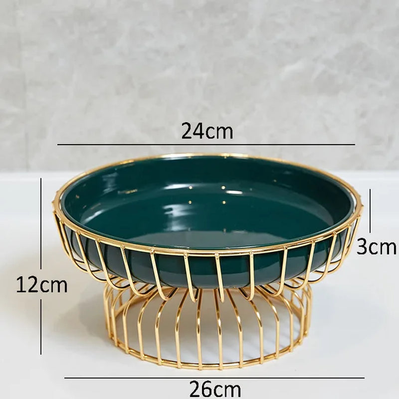 Home Iron Storage Bowl Storage Gold Metal Bowl Vegetable Green Ceramic Plate Tea Table Fruit Basket Cake Dishes Kitchen Supplies