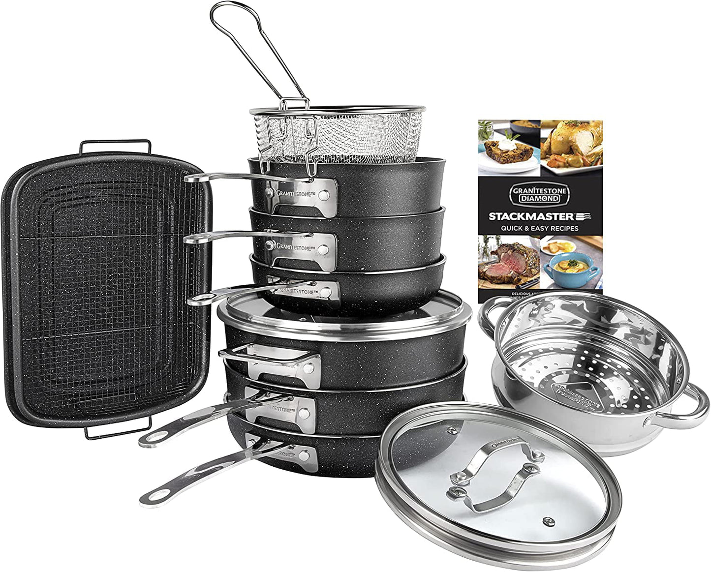 GRANITESTONE Stackmaster 15 Pcs Pots and Pans Set Induction-Compatible, Nonstick Cookware Set, Scratch-Resistant, Granite-Coated Anodized Aluminum, Dishwasher-Safe, Pfoa-Free