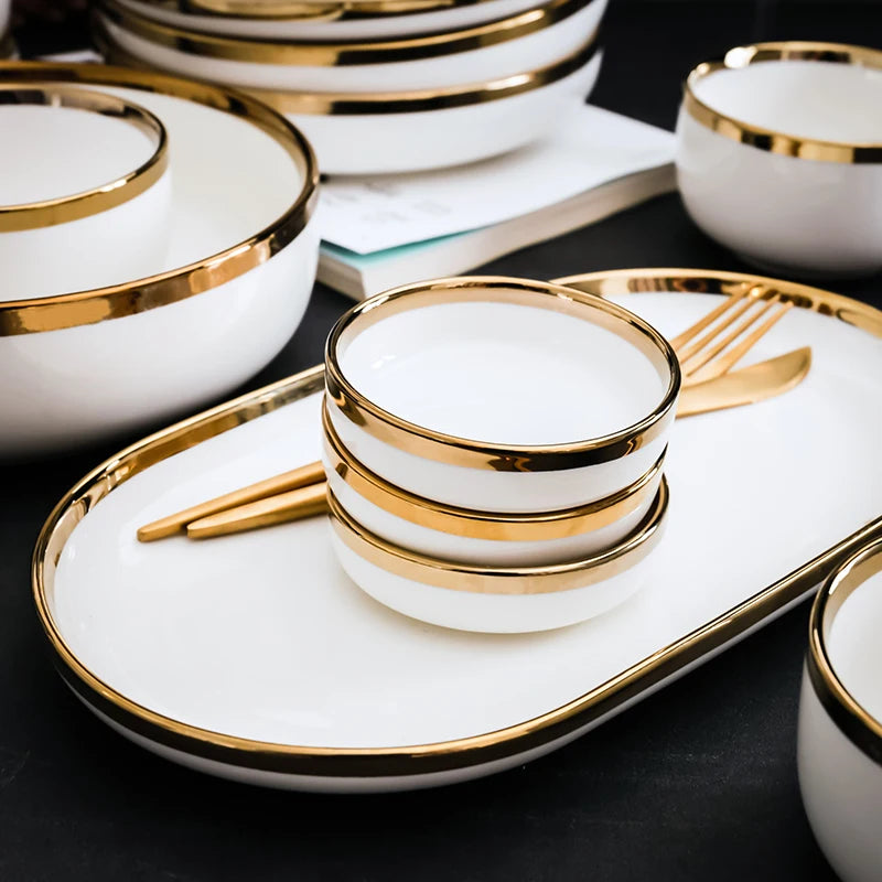 Ceramic Dinnerware Plate Bowl White Gold Stroke Ceramic Dinner Plate Steak Tableware Rice Soup Bowl Spoon Dish Home Decoration