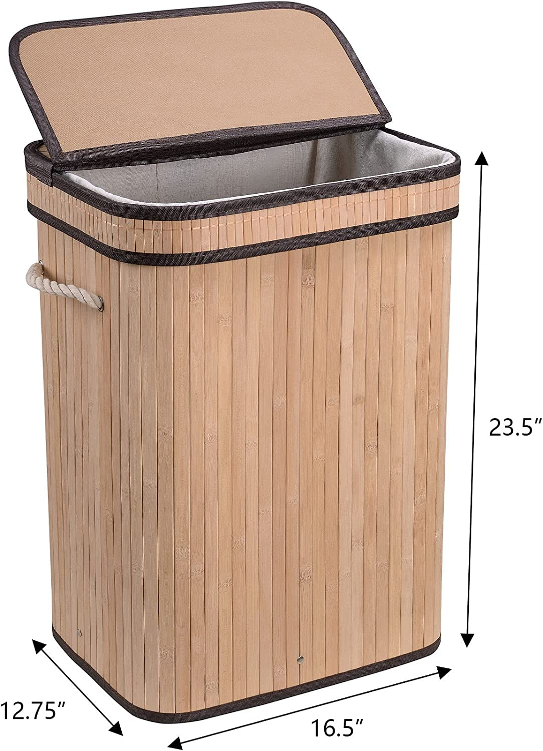 Laundry Hamper with Lid, Bamboo Clothes Hamper with Rope Handles, Laundry Basket with Removable Liner Bag, Foldable Storage Basket for Laundry Room, Bedroom, 72L (Natural)