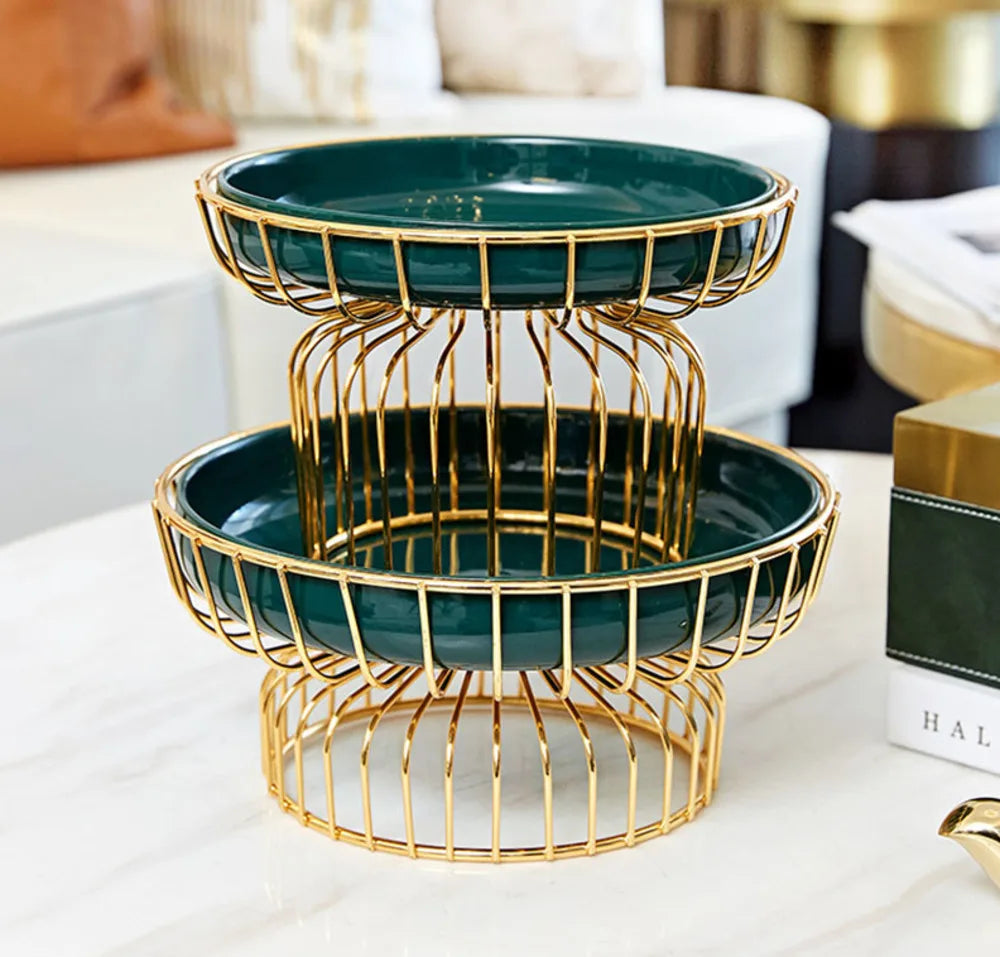 Home Iron Storage Bowl Storage Gold Metal Bowl Vegetable Green Ceramic Plate Tea Table Fruit Basket Cake Dishes Kitchen Supplies