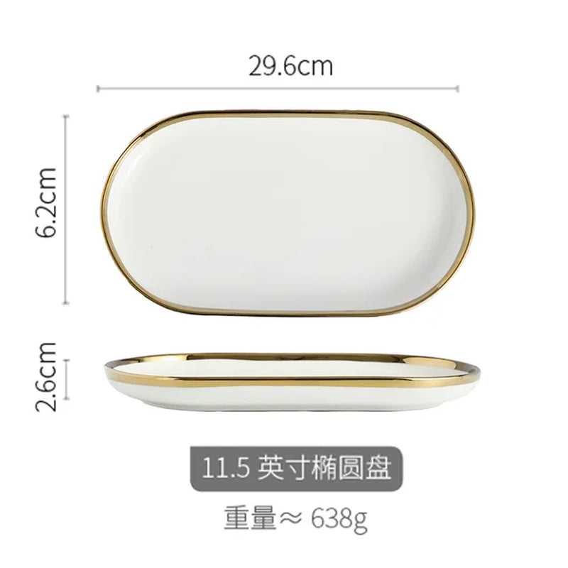 Ceramic Dinnerware Plate Bowl White Gold Stroke Ceramic Dinner Plate Steak Tableware Rice Soup Bowl Spoon Dish Home Decoration