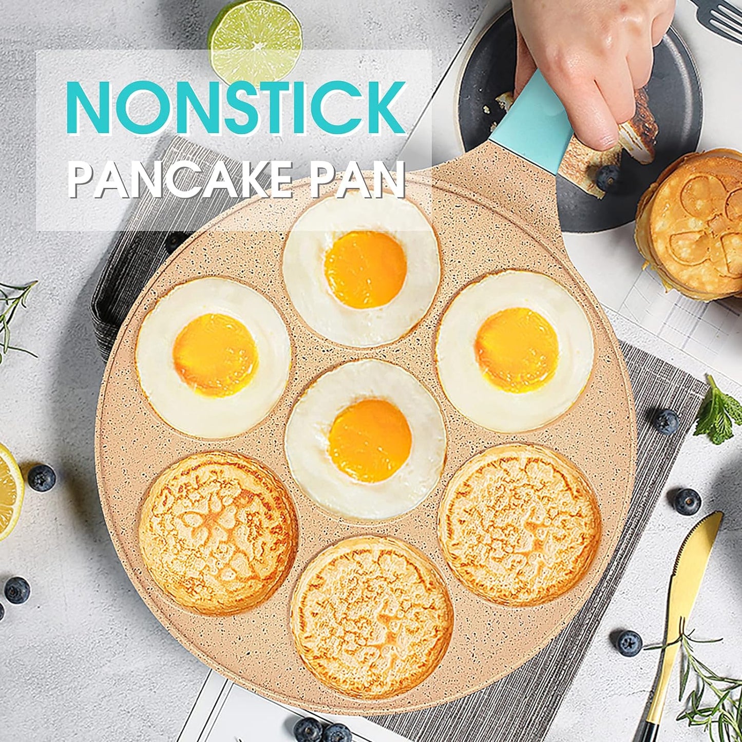 Pancake Pan 7 Molds Nonstick Breakfast Griddle Blini Pan, Gas Compatible,9.7 Inch Blue