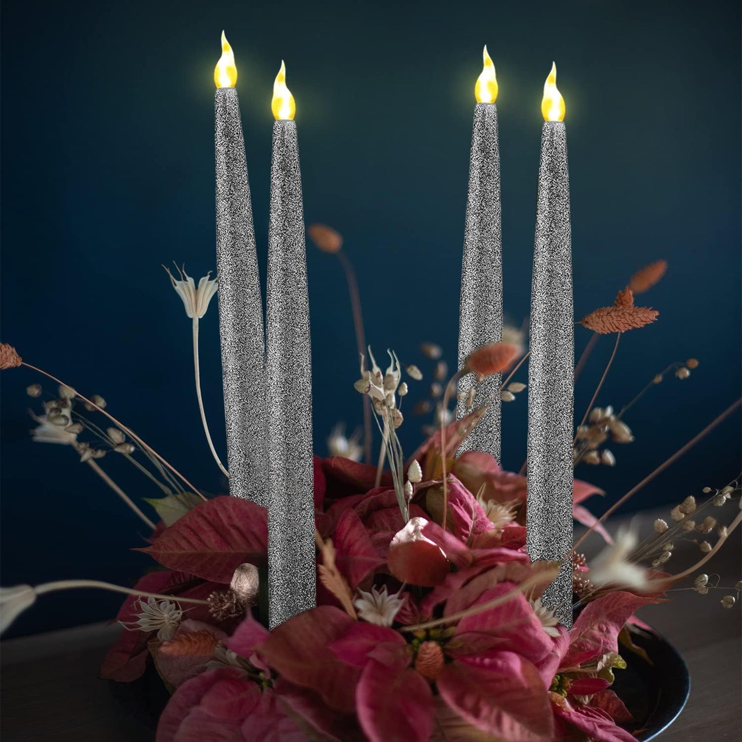 Silver LED Taper Candles, Centerpieces Decor Candles, Flameless LED Candle Lights with 6/18 Timer, Pack of 12 (Battery Operated)