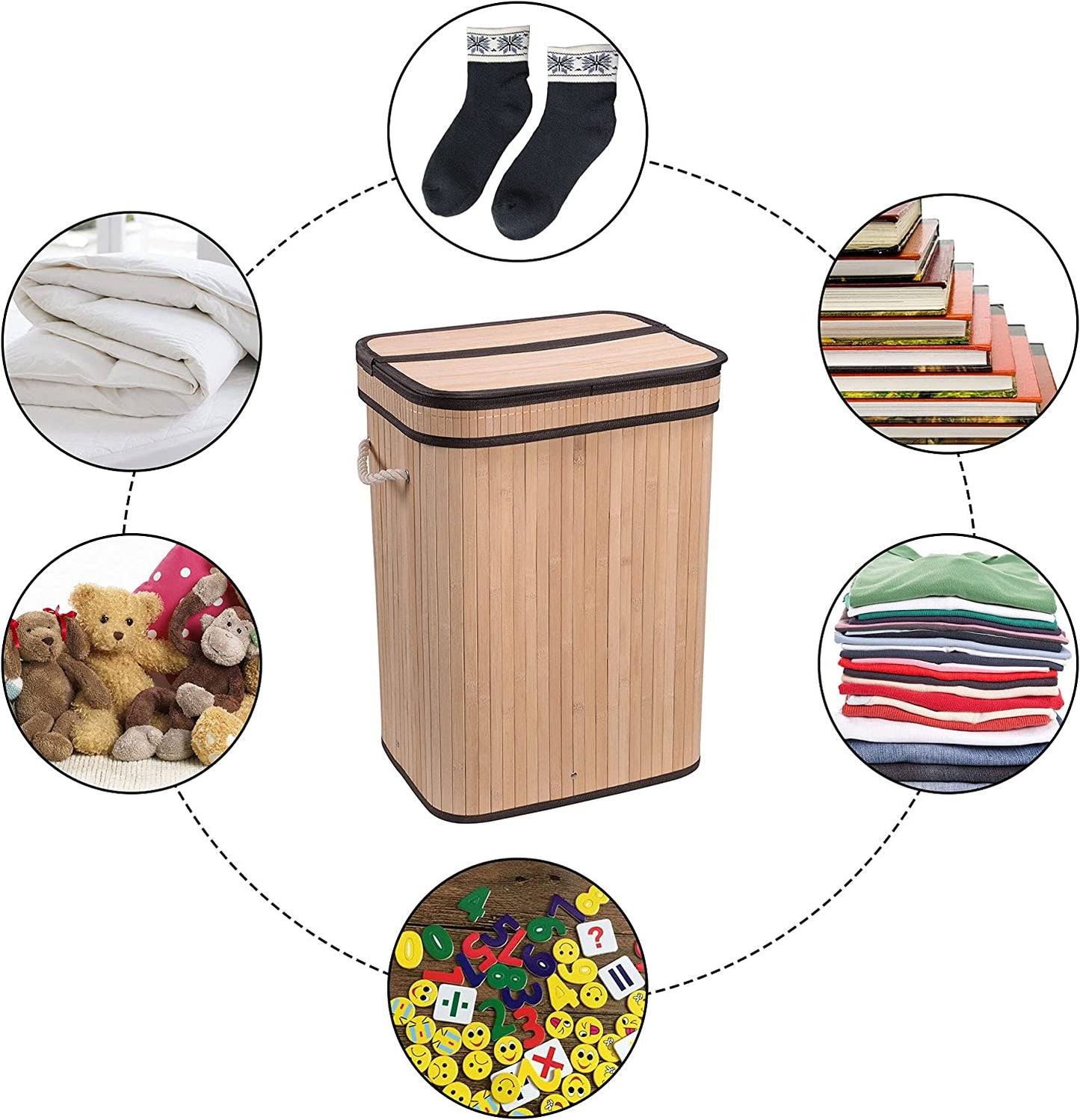 Laundry Hamper with Lid, Bamboo Clothes Hamper with Rope Handles, Laundry Basket with Removable Liner Bag, Foldable Storage Basket for Laundry Room, Bedroom, 72L (Natural)