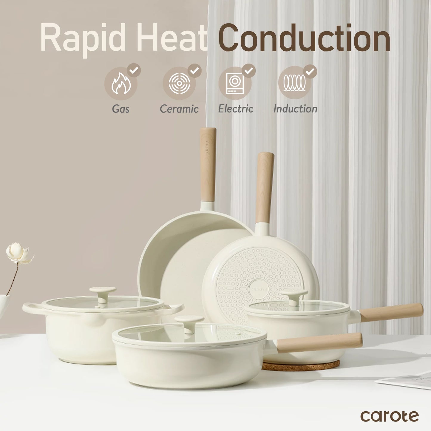 Nonstick Pots and Pans Set, 8 Pcs Induction Kitchen Cookware Sets(White Ceramic)