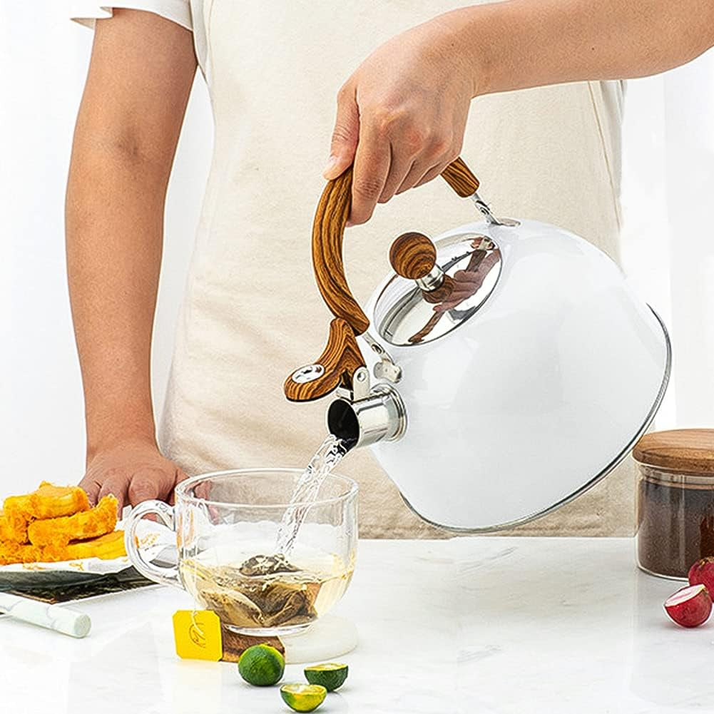 Tea Kettle, Stainless Steel Tea Pot, 2.6 Quart / 2.5 L Tea Kettle for Stove Top, Stovetop Whistling Teapot, Tea Kettles Stove Top with Grip Ergonomic Handle, Pearl White Tea Kettles Stovetop