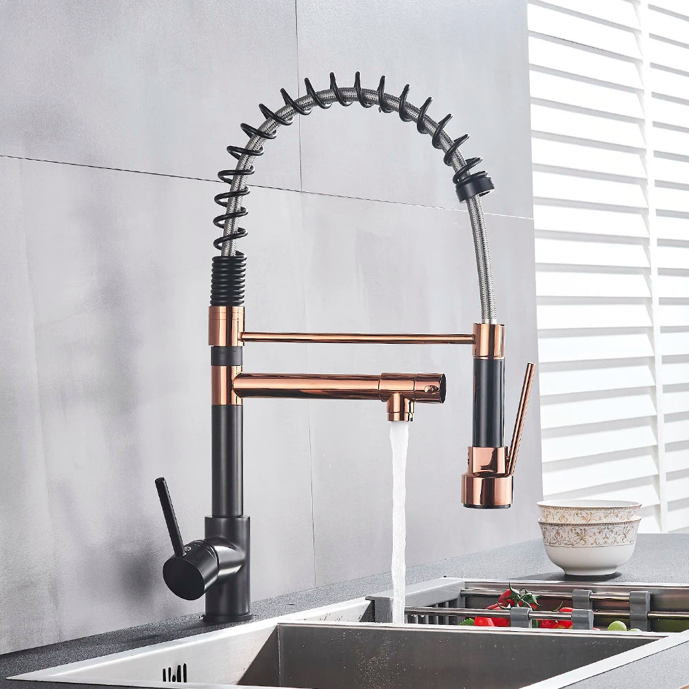 Rose Gold Black Style Kitchen Spring Faucet Pull down Dual Spouts Single Handle Water Mixer Tap 360 Rotation Kitchen Mixer Tap