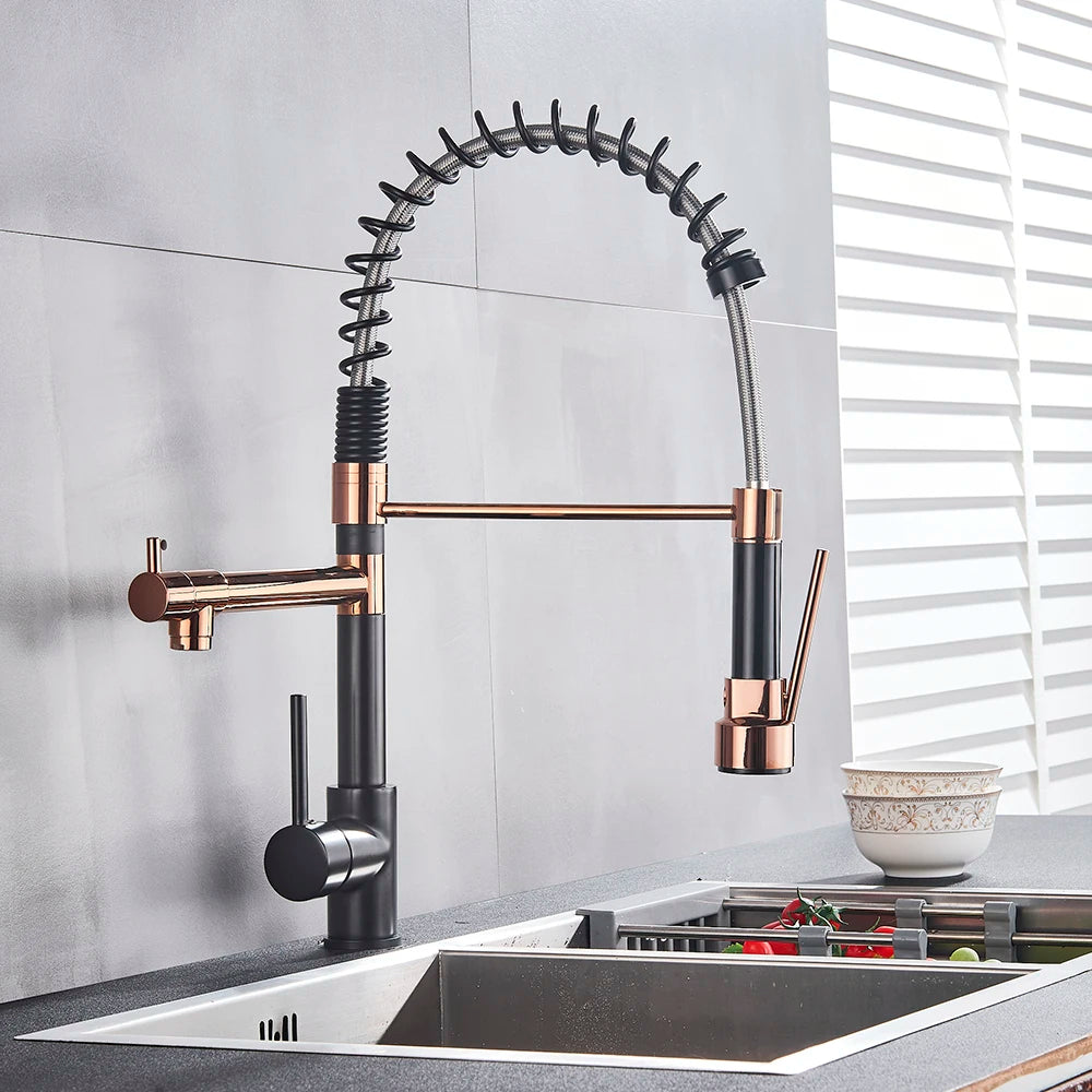 Rose Gold Black Style Kitchen Spring Faucet Pull down Dual Spouts Single Handle Water Mixer Tap 360 Rotation Kitchen Mixer Tap
