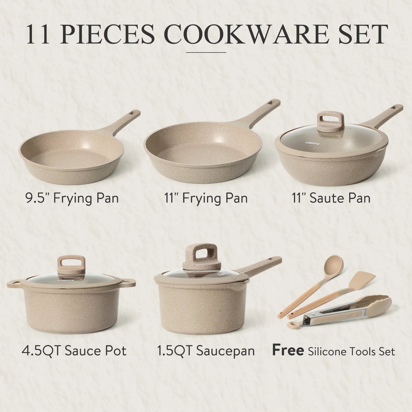 Nonstick Pots and Pans Set, 11 Pcs Non Stick Cookware Set, Induction Stone Cookware Kitchen Cooking Set (Taupe Granite)