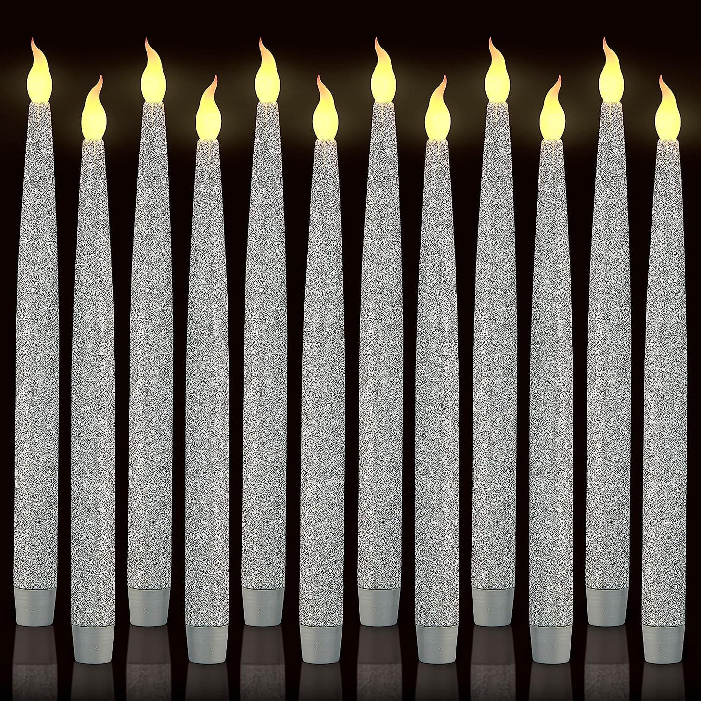 Silver LED Taper Candles, Centerpieces Decor Candles, Flameless LED Candle Lights with 6/18 Timer, Pack of 12 (Battery Operated)