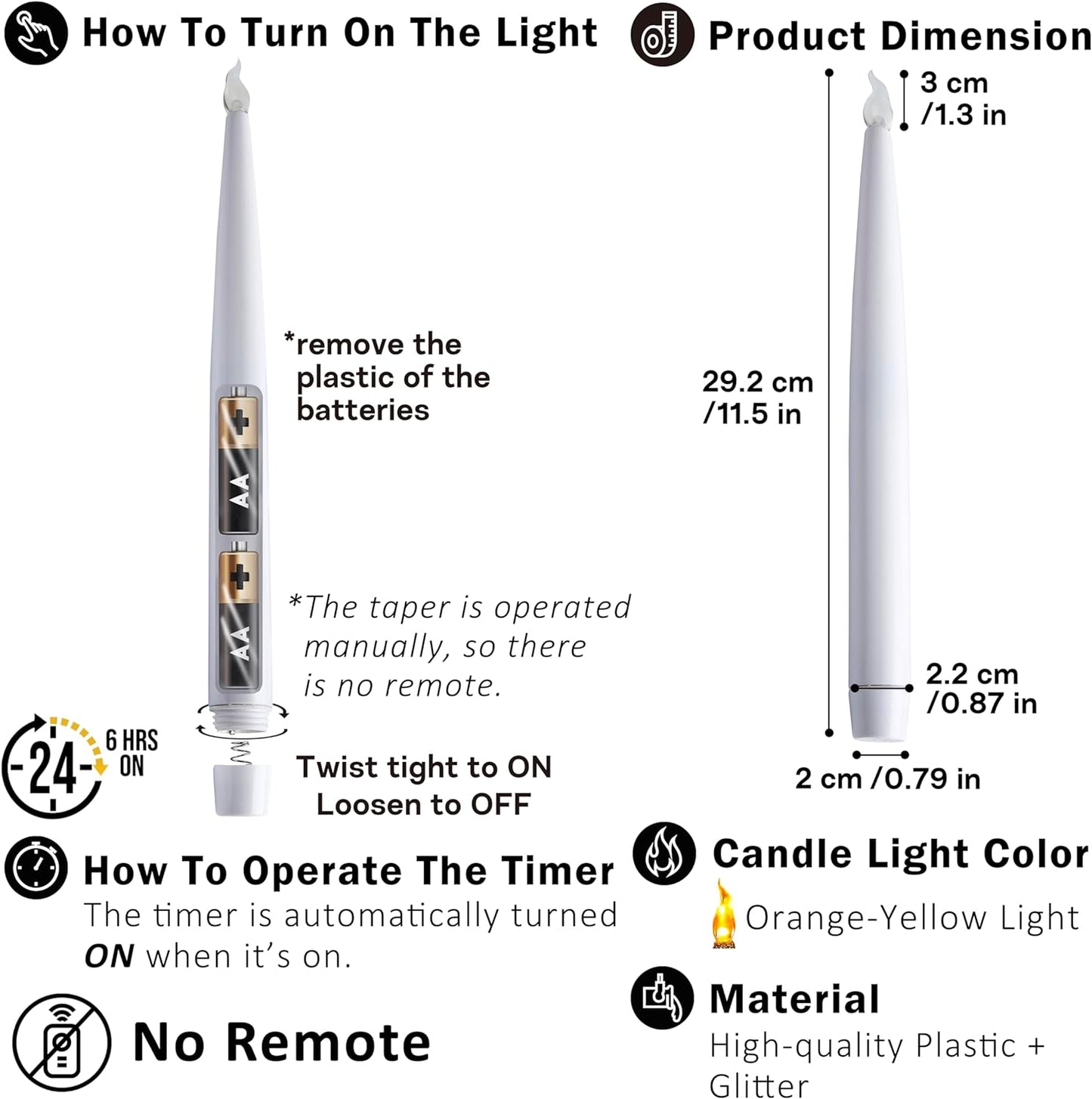 Silver LED Taper Candles, Centerpieces Decor Candles, Flameless LED Candle Lights with 6/18 Timer, Pack of 12 (Battery Operated)