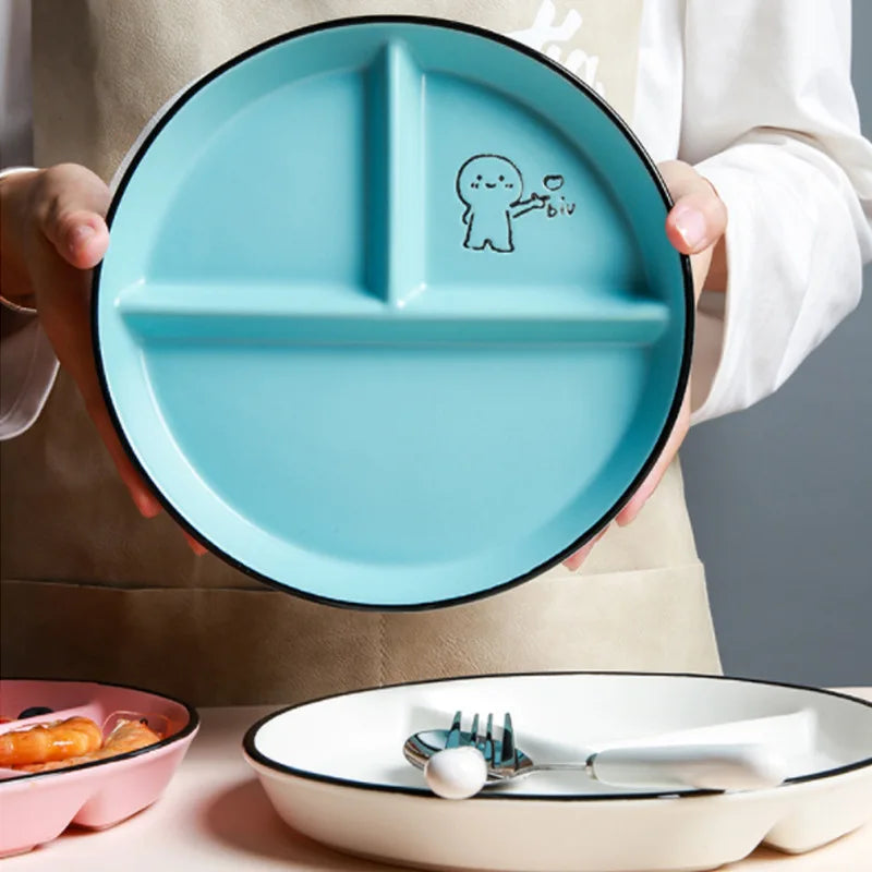 Children'S Disc Divided Meal Ceramic Plate Student Dividing Fat Reducing Three Compartment Household Dinner Plates and Dishes