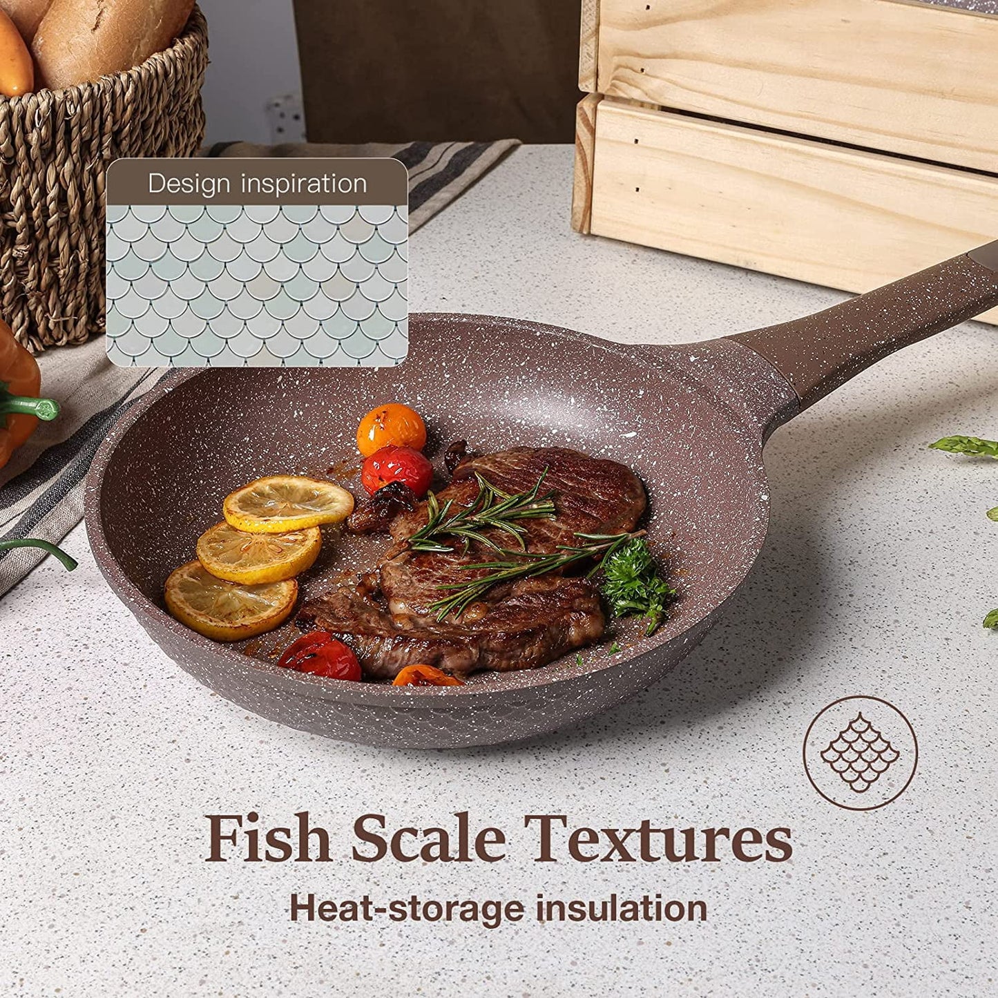 Nonstick Granite Cookware Sets, 10 Pcs Brown Granite Pots and Pans Set, Induction Stone Kitchen Cooking Set