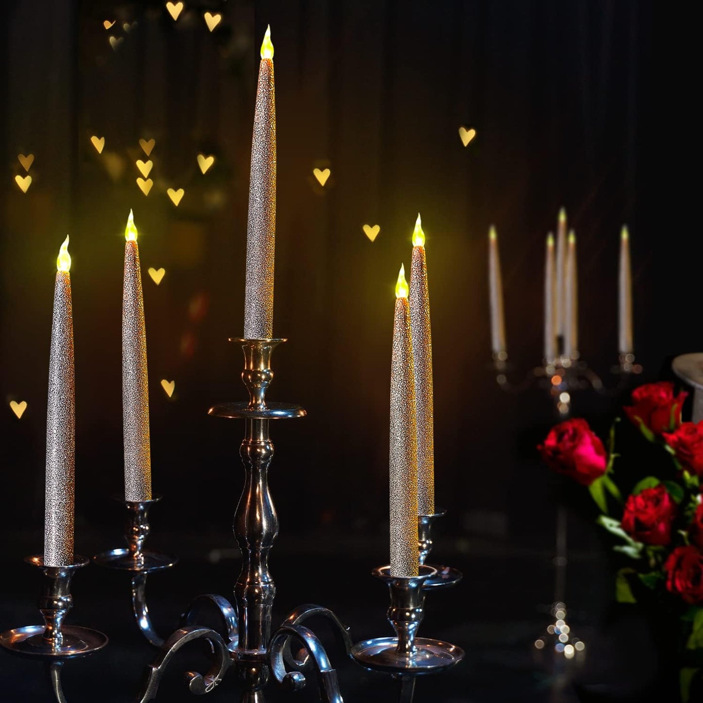 Silver LED Taper Candles, Centerpieces Decor Candles, Flameless LED Candle Lights with 6/18 Timer, Pack of 12 (Battery Operated)