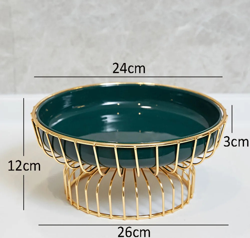 Home Iron Storage Bowl Storage Gold Metal Bowl Vegetable Green Ceramic Plate Tea Table Fruit Basket Cake Dishes Kitchen Supplies