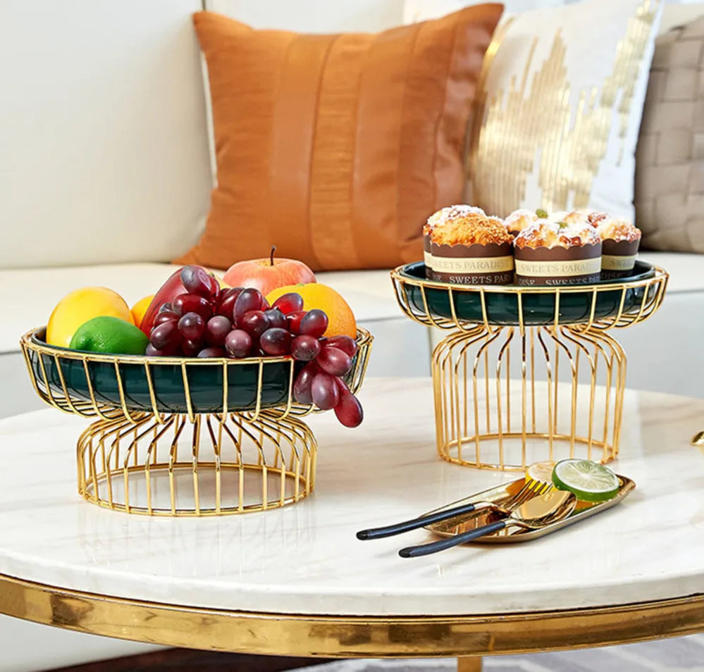 Home Iron Storage Bowl Storage Gold Metal Bowl Vegetable Green Ceramic Plate Tea Table Fruit Basket Cake Dishes Kitchen Supplies