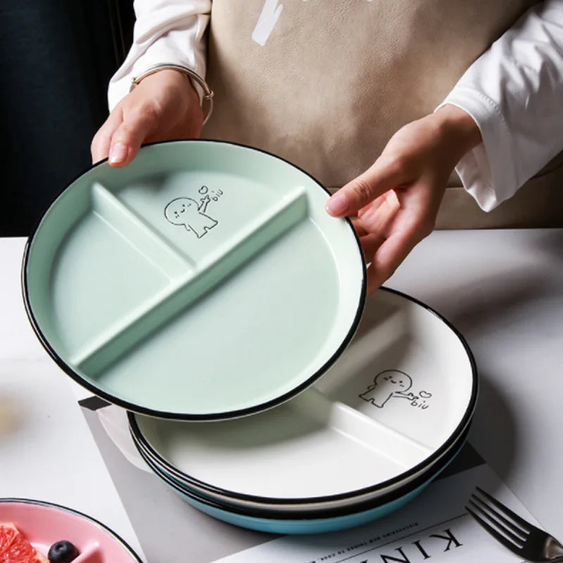 Children'S Disc Divided Meal Ceramic Plate Student Dividing Fat Reducing Three Compartment Household Dinner Plates and Dishes