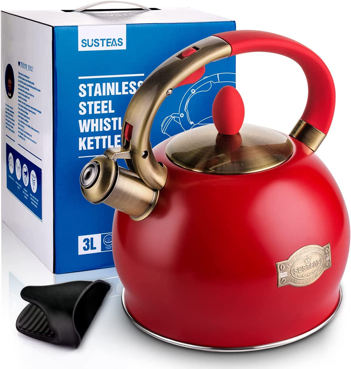 Stove Top Whistling Tea Kettle - Food Grade Stainless Steel Teakettle Teapot with Cool Touch Ergonomic Handle, with 1 Silicone Pinch Mitt Included, 2.64 Quart(Red)