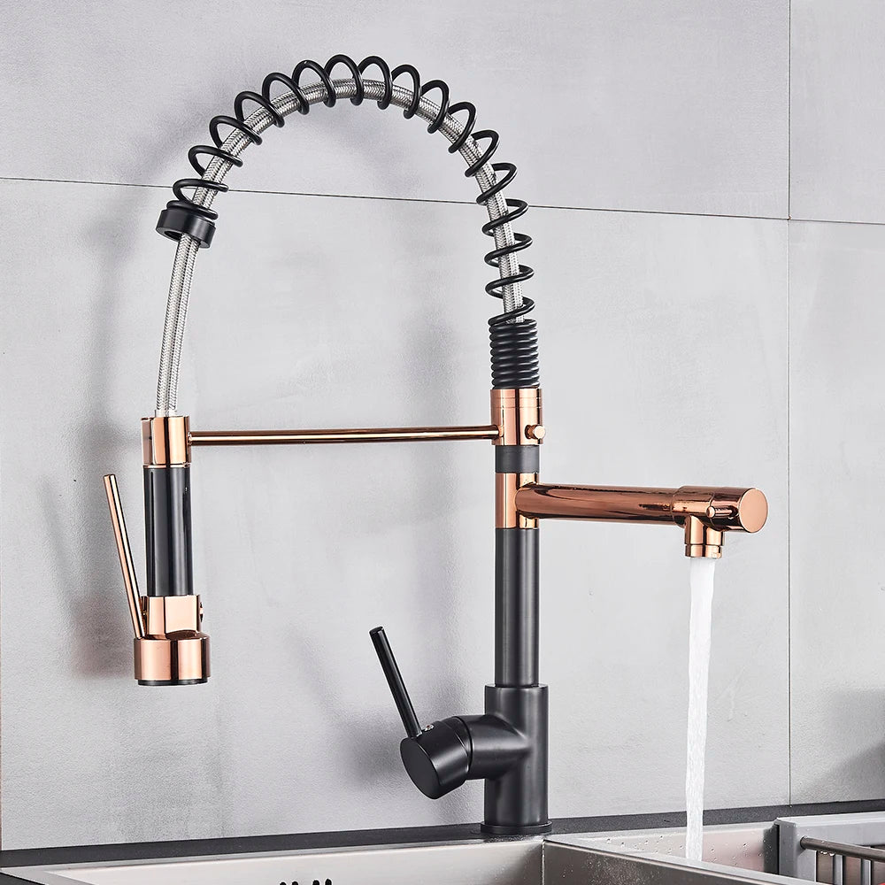 Rose Gold Black Style Kitchen Spring Faucet Pull down Dual Spouts Single Handle Water Mixer Tap 360 Rotation Kitchen Mixer Tap