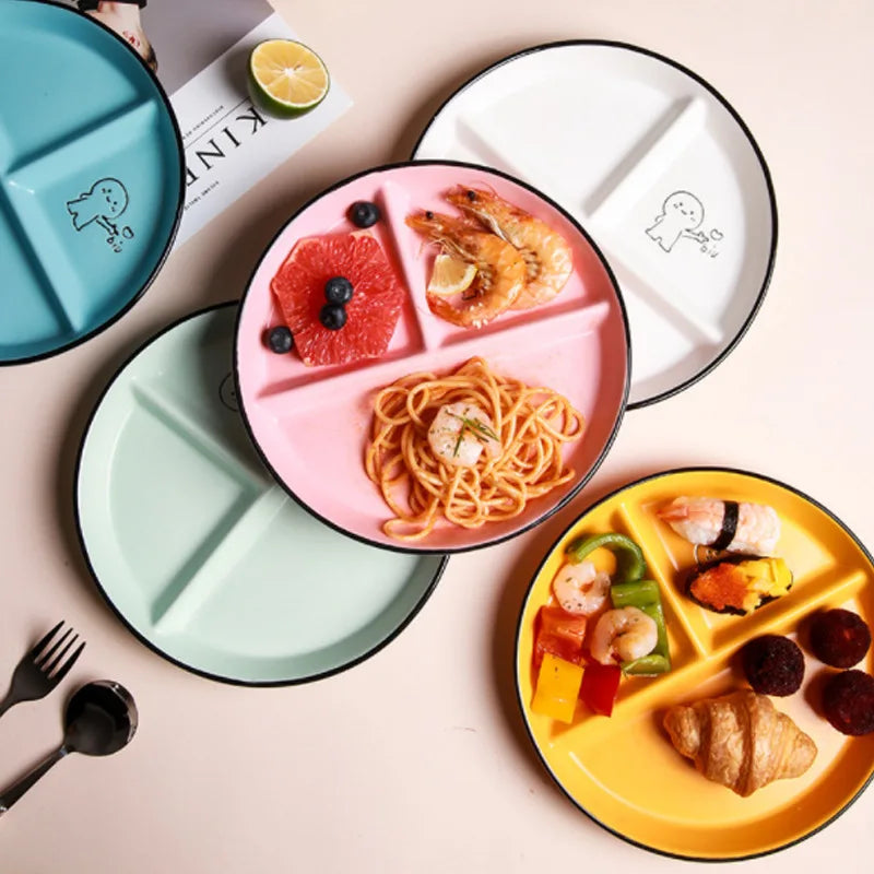 Children'S Disc Divided Meal Ceramic Plate Student Dividing Fat Reducing Three Compartment Household Dinner Plates and Dishes