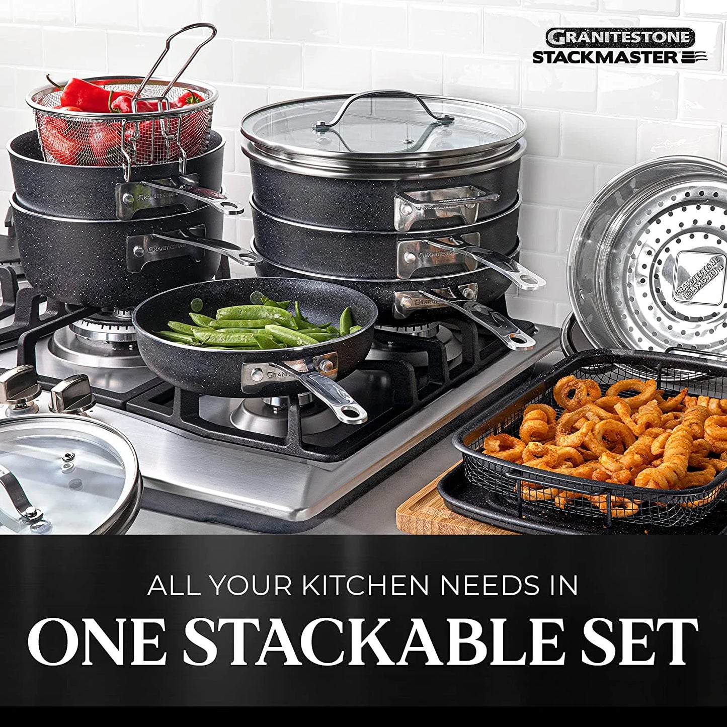 GRANITESTONE Stackmaster 15 Pcs Pots and Pans Set Induction-Compatible, Nonstick Cookware Set, Scratch-Resistant, Granite-Coated Anodized Aluminum, Dishwasher-Safe, Pfoa-Free