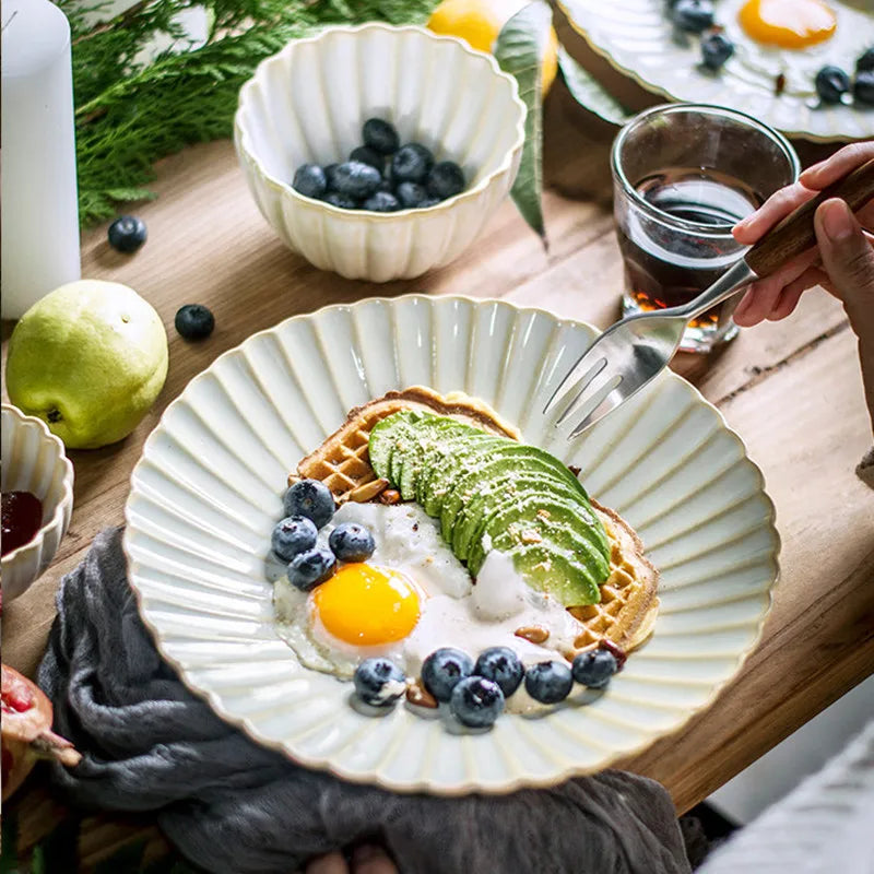 Retro Petal Dinner Plate Ceramic Kitchen Plate Tableware Set Food Dishes Rice Salad Noodles Bowl Soup Kitchen Cook Tool 1Pc