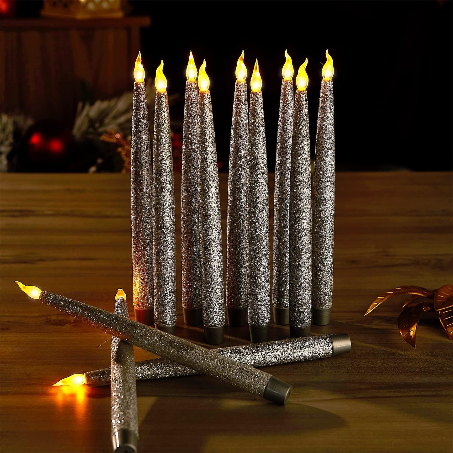 Silver LED Taper Candles, Centerpieces Decor Candles, Flameless LED Candle Lights with 6/18 Timer, Pack of 12 (Battery Operated)