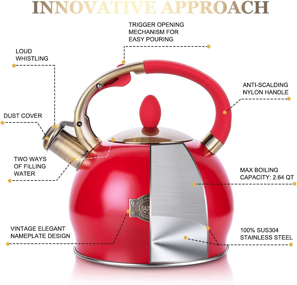 Stove Top Whistling Tea Kettle - Food Grade Stainless Steel Teakettle Teapot with Cool Touch Ergonomic Handle, with 1 Silicone Pinch Mitt Included, 2.64 Quart(Red)