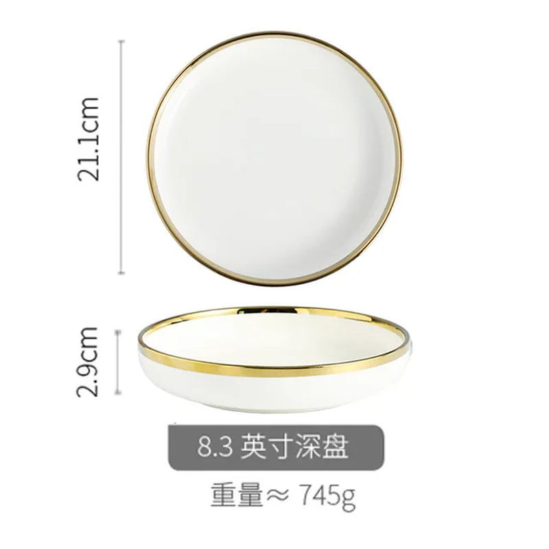 Ceramic Dinnerware Plate Bowl White Gold Stroke Ceramic Dinner Plate Steak Tableware Rice Soup Bowl Spoon Dish Home Decoration