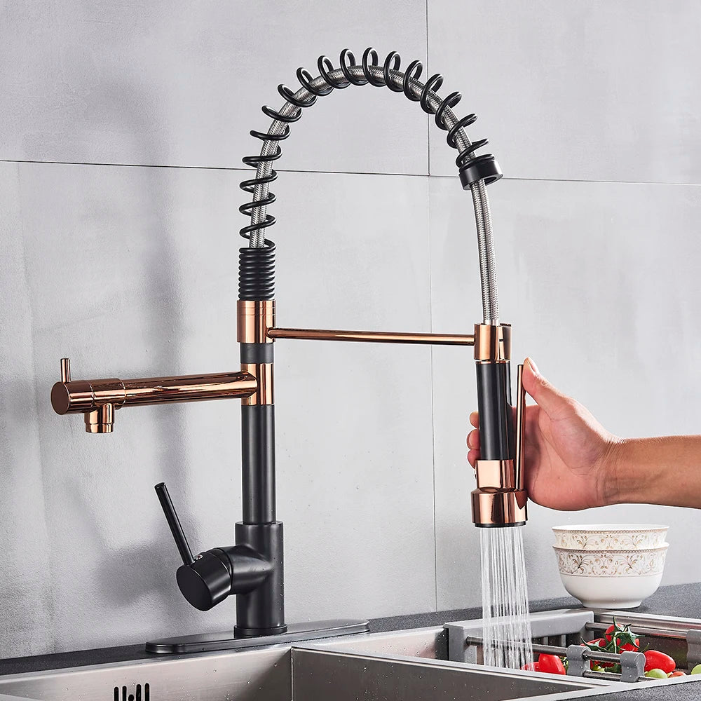 Rose Gold Black Style Kitchen Spring Faucet Pull down Dual Spouts Single Handle Water Mixer Tap 360 Rotation Kitchen Mixer Tap