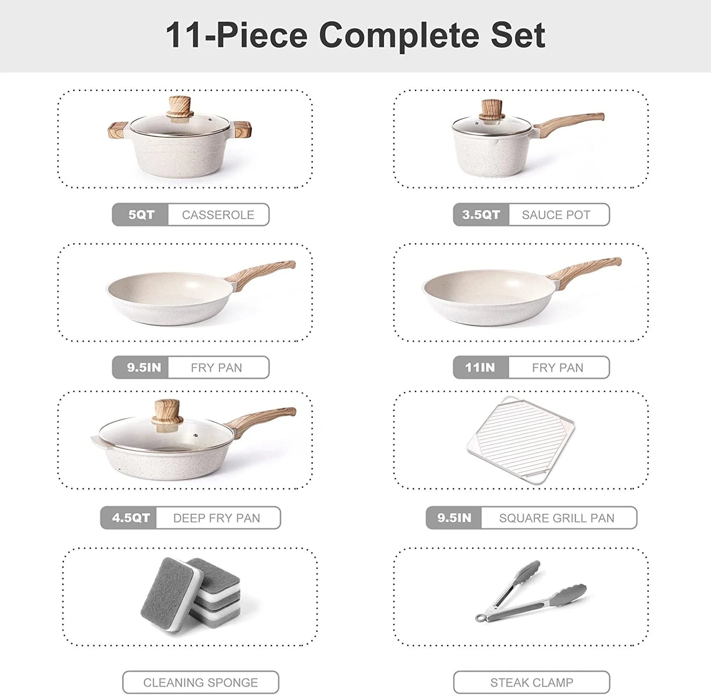 11 Pieces Pots and Pans Set Nonstick Cookware Sets Granite Kitchen Pot Set with Frying Pan, Grill Pan