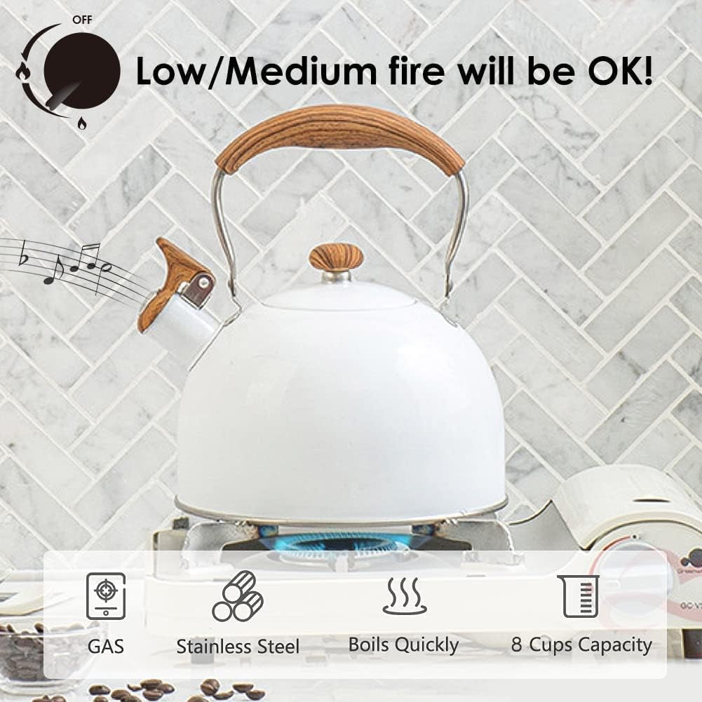 Tea Kettle, Stainless Steel Tea Pot, 2.6 Quart / 2.5 L Tea Kettle for Stove Top, Stovetop Whistling Teapot, Tea Kettles Stove Top with Grip Ergonomic Handle, Pearl White Tea Kettles Stovetop