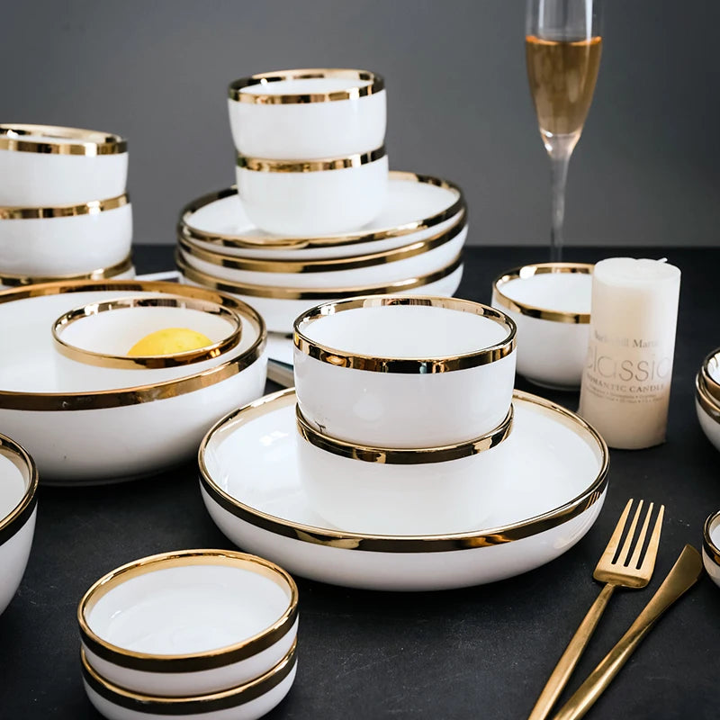 Ceramic Dinnerware Plate Bowl White Gold Stroke Ceramic Dinner Plate Steak Tableware Rice Soup Bowl Spoon Dish Home Decoration