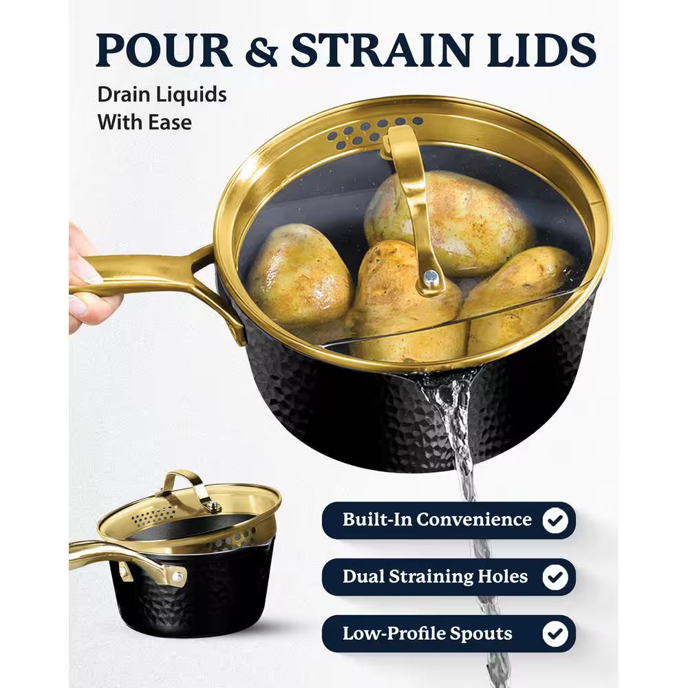 Charleston Collection 15-Piece Aluminum Hammered Nonstick Cookware Set with Utensils in Black