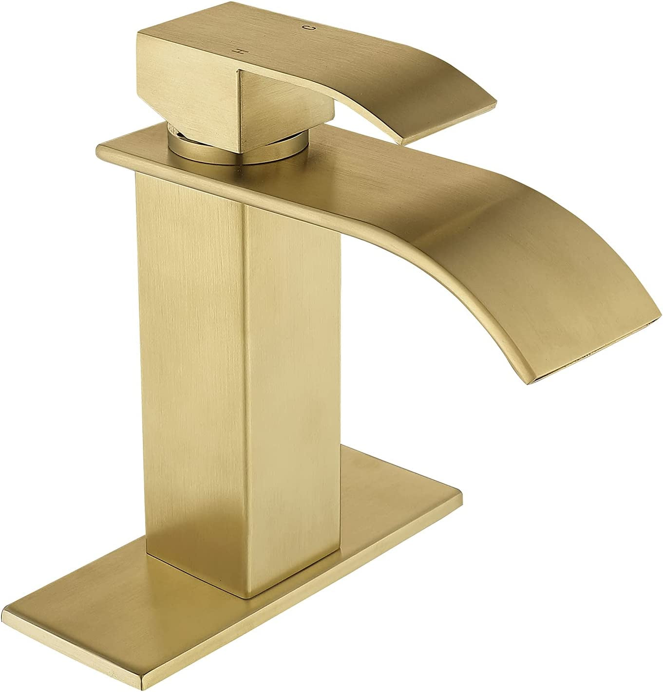 Gold Waterfall Spout Bathroom Faucet,Single Handle Single Hole Bathroom Vanity Sink Faucet, Rv Lavatory Vessel Faucet Basin Mixer Tap with Deck Plate, Brushed Gold