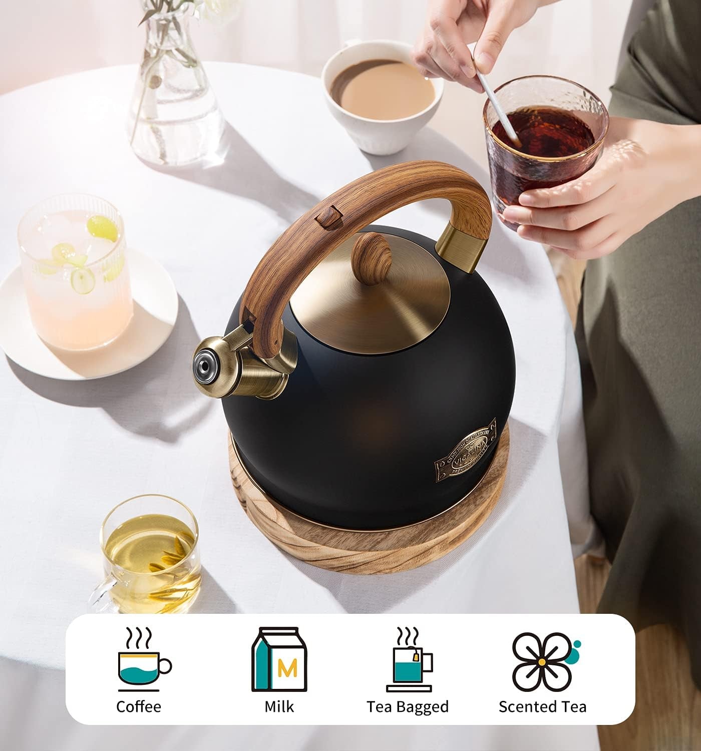 Tea Kettle & Tea Pot, Stainless Steel Tea Kettle for Stove Top, 2.64 Quart Whistling Loud Tea Kettles (Polished Black)