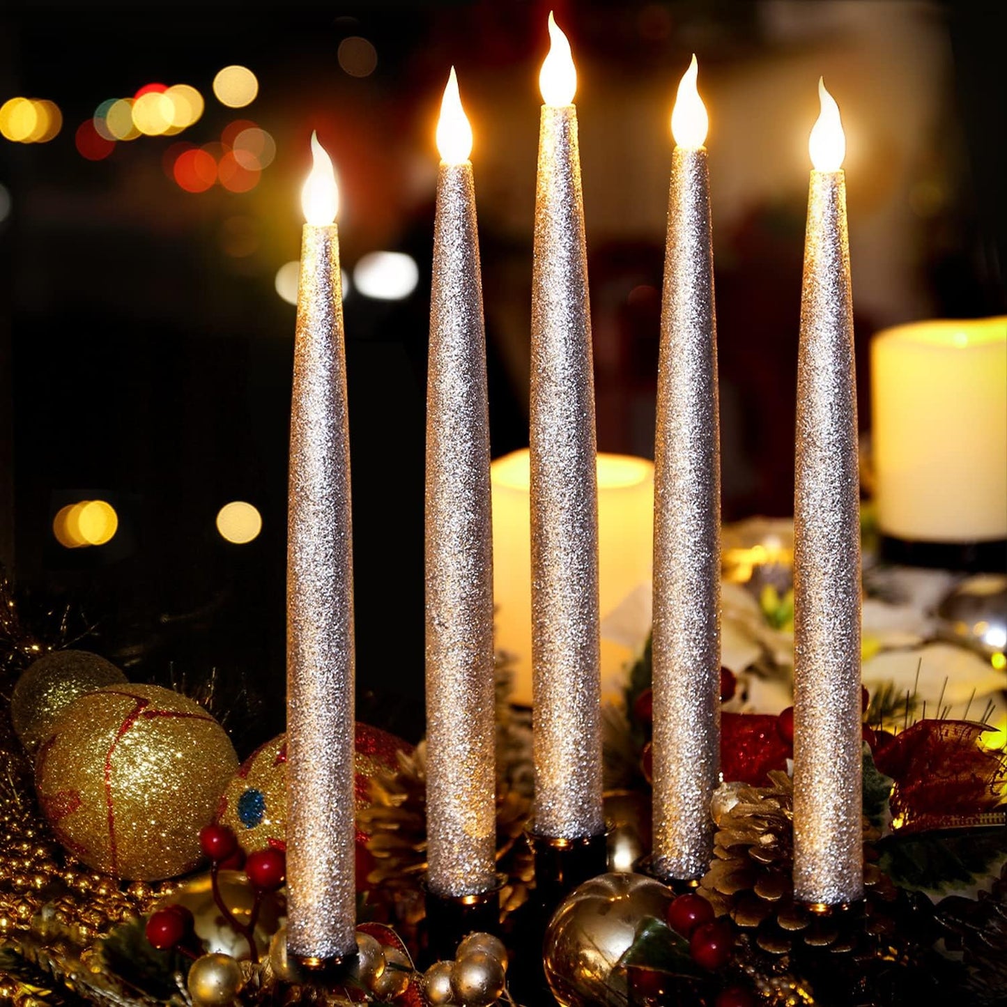 Silver LED Taper Candles, Centerpieces Decor Candles, Flameless LED Candle Lights with 6/18 Timer, Pack of 12 (Battery Operated)
