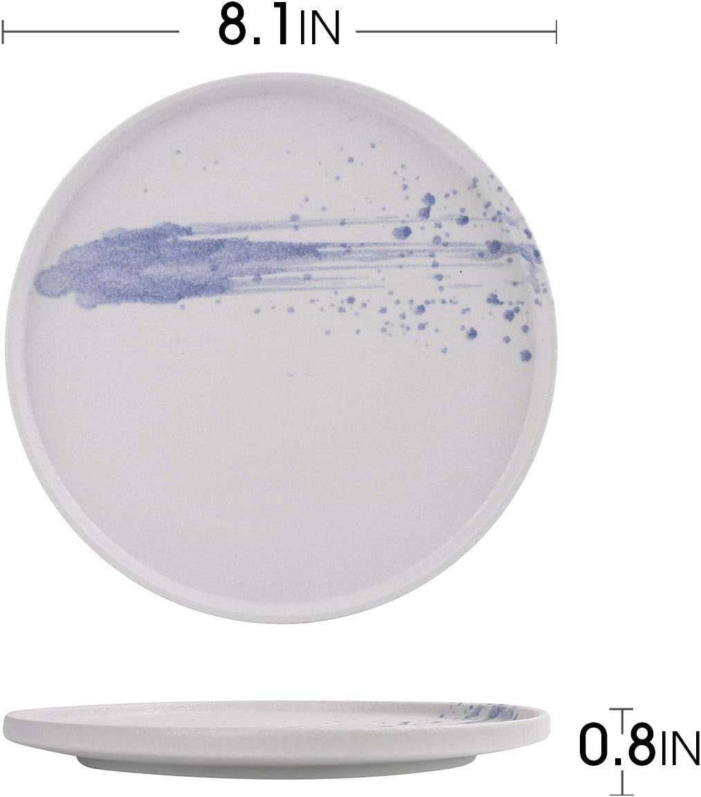 Dinner Plates Set 8.5 Inch Ceramic Dessert Serving Plates Salad Plates,Set of 4 (Matte White&Blue)