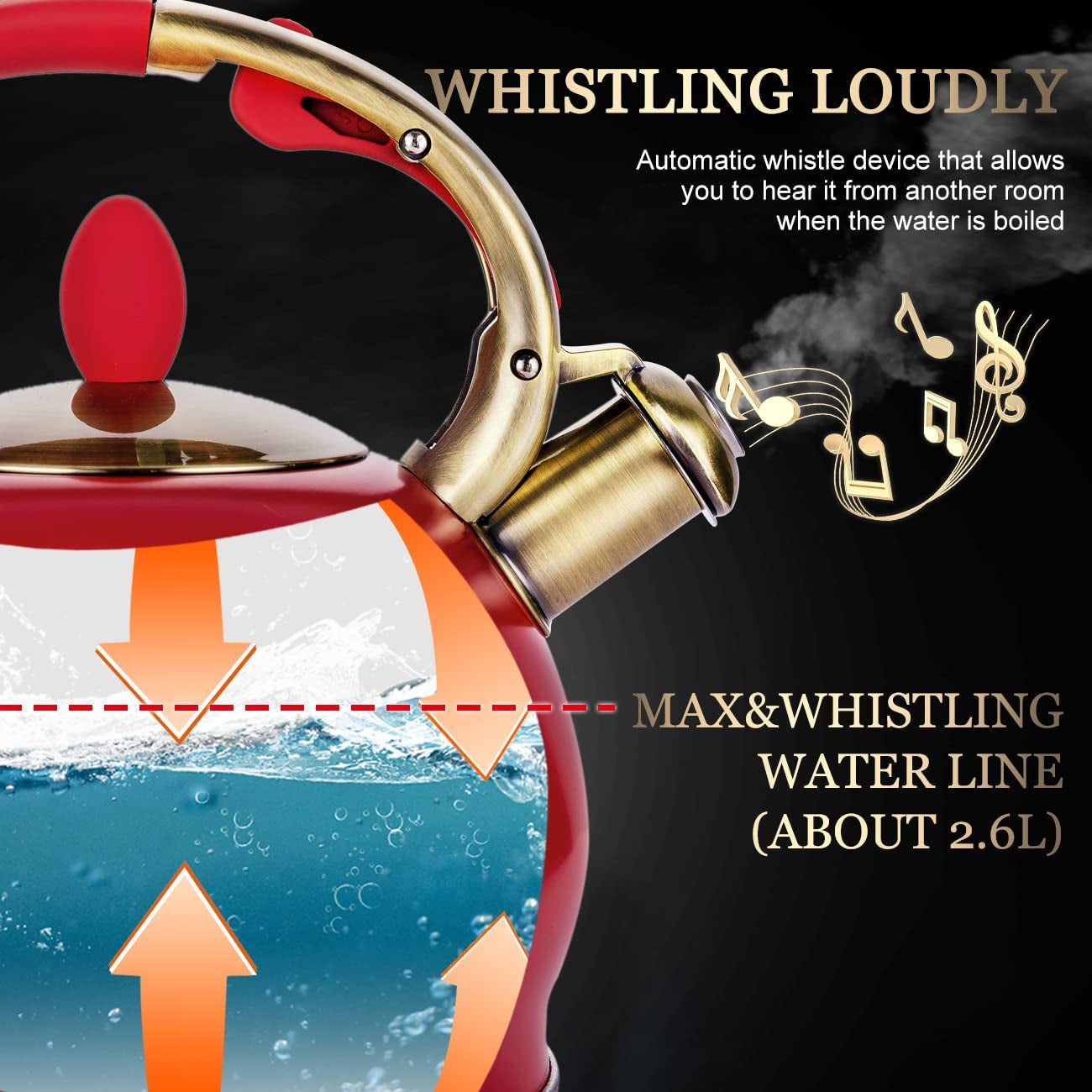 Stove Top Whistling Tea Kettle - Food Grade Stainless Steel Teakettle Teapot with Cool Touch Ergonomic Handle, with 1 Silicone Pinch Mitt Included, 2.64 Quart(Red)