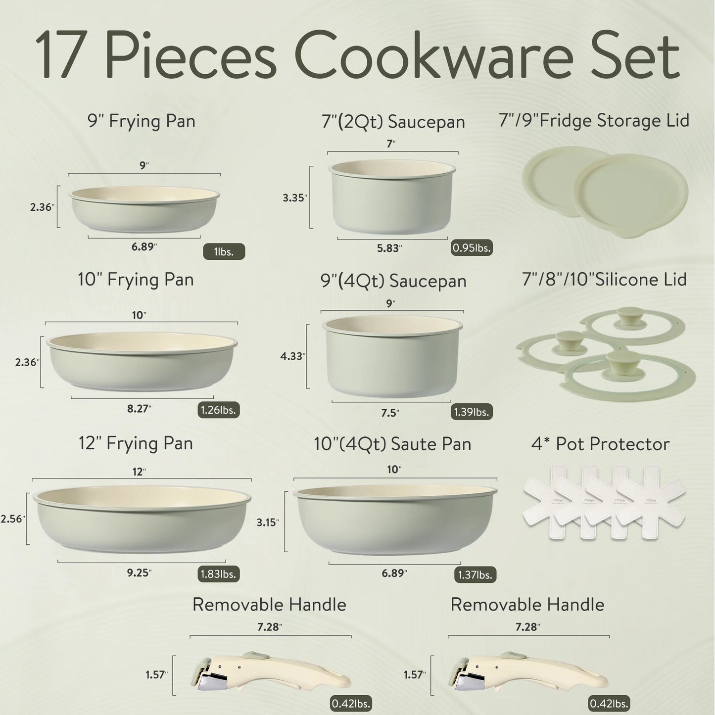 17Pcs Pots and Pans Set, Nonstick Cookware Set Detachable Handle, Induction Kitchen Cookware Sets Non Stick with Removable Handle, RV Cookware Set, Oven Safe, Green
