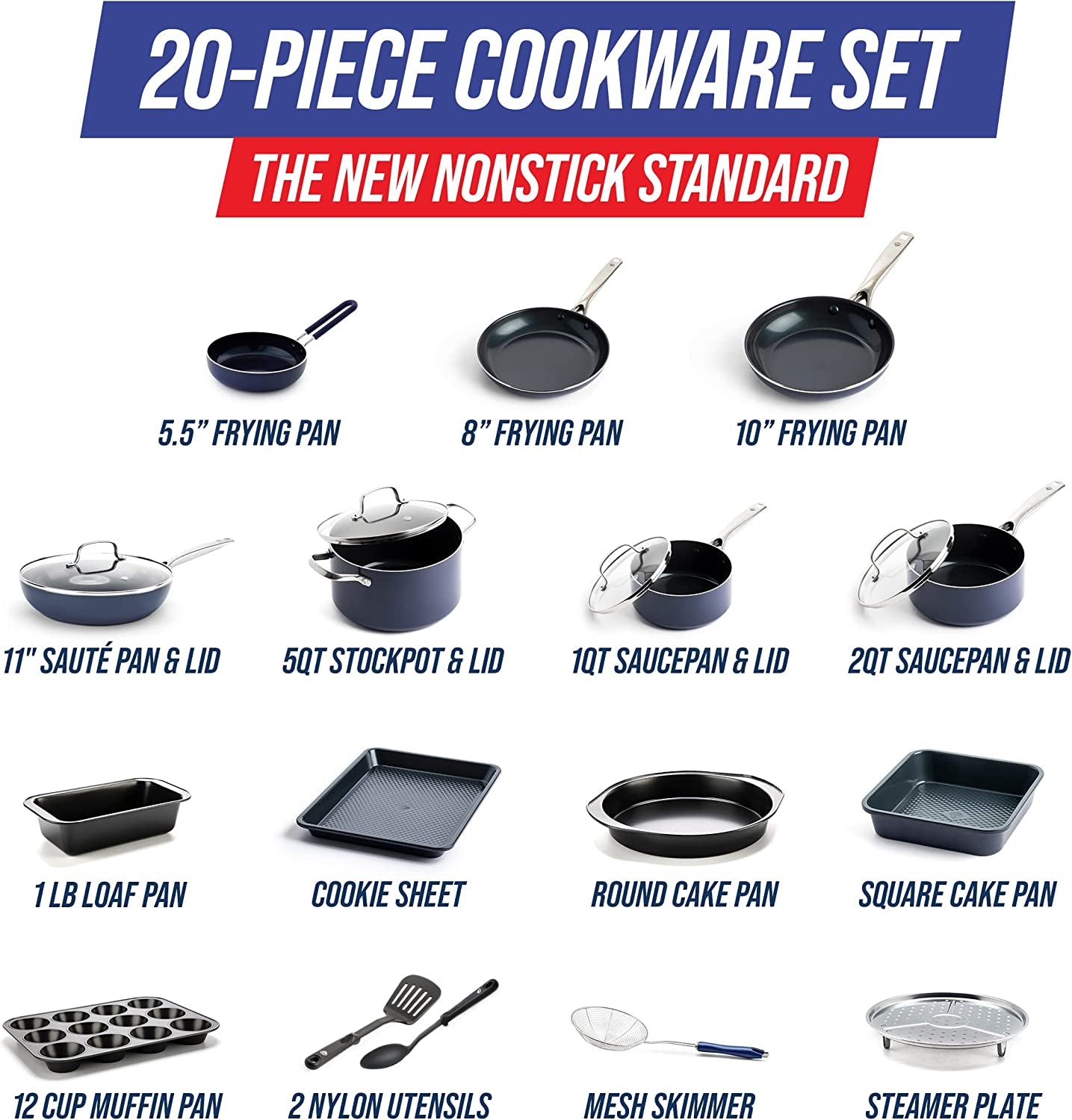 20 Piece Cookware and Bakeware Set, Diamond Infused PFOA Pfas-Free Ceramic Nonstick Pots and Pans, Durable Nontoxic Metal Utensil Safe & Scratch Resistant, Dishwasher & Oven Safe, Blue