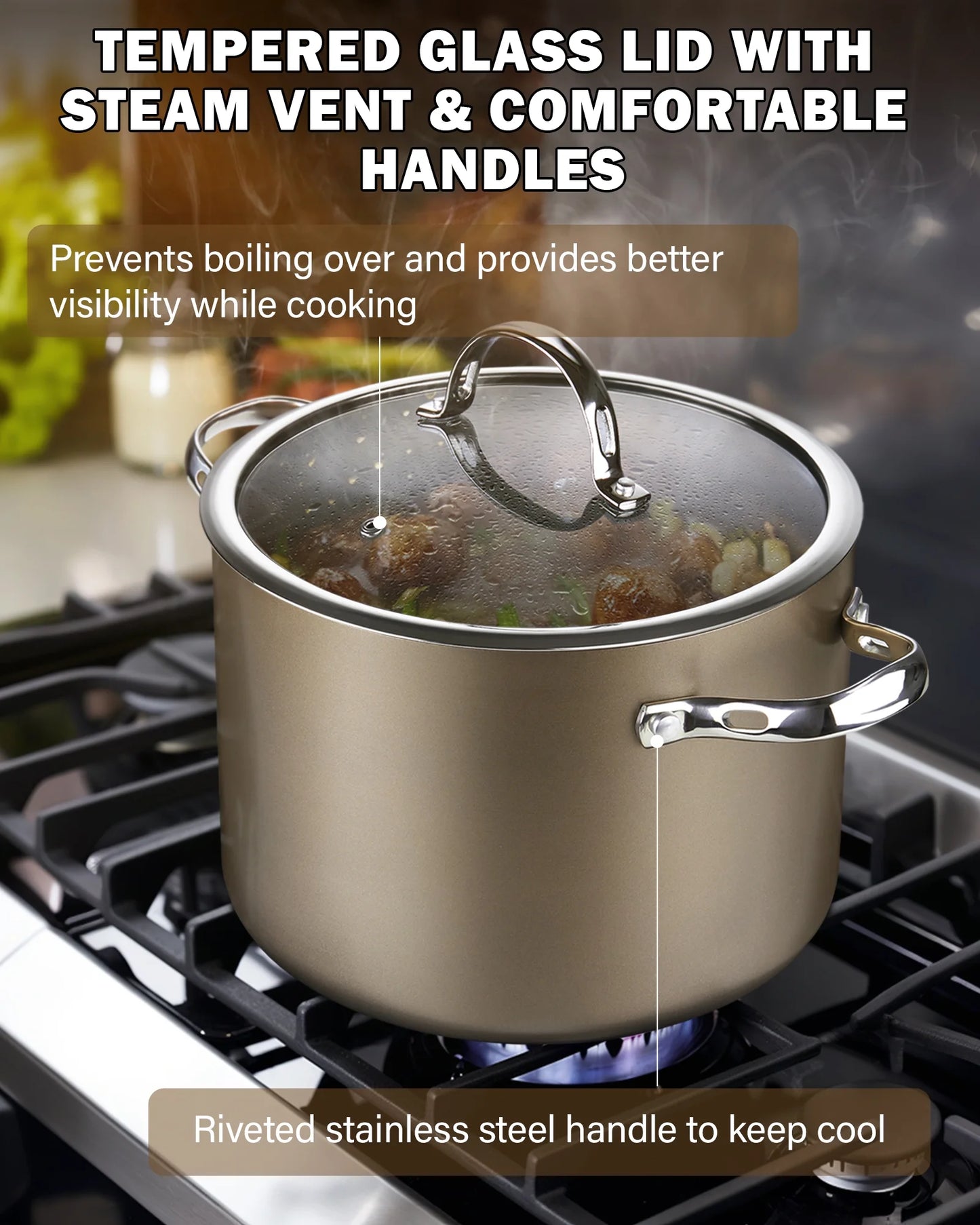 Hard Anodized Ceramic Nonstick 8-Quart Stock Pot with Glass Lid, Classic Induction Large Cooking Gumbo Pot, Ollas De Cocina, Bronze