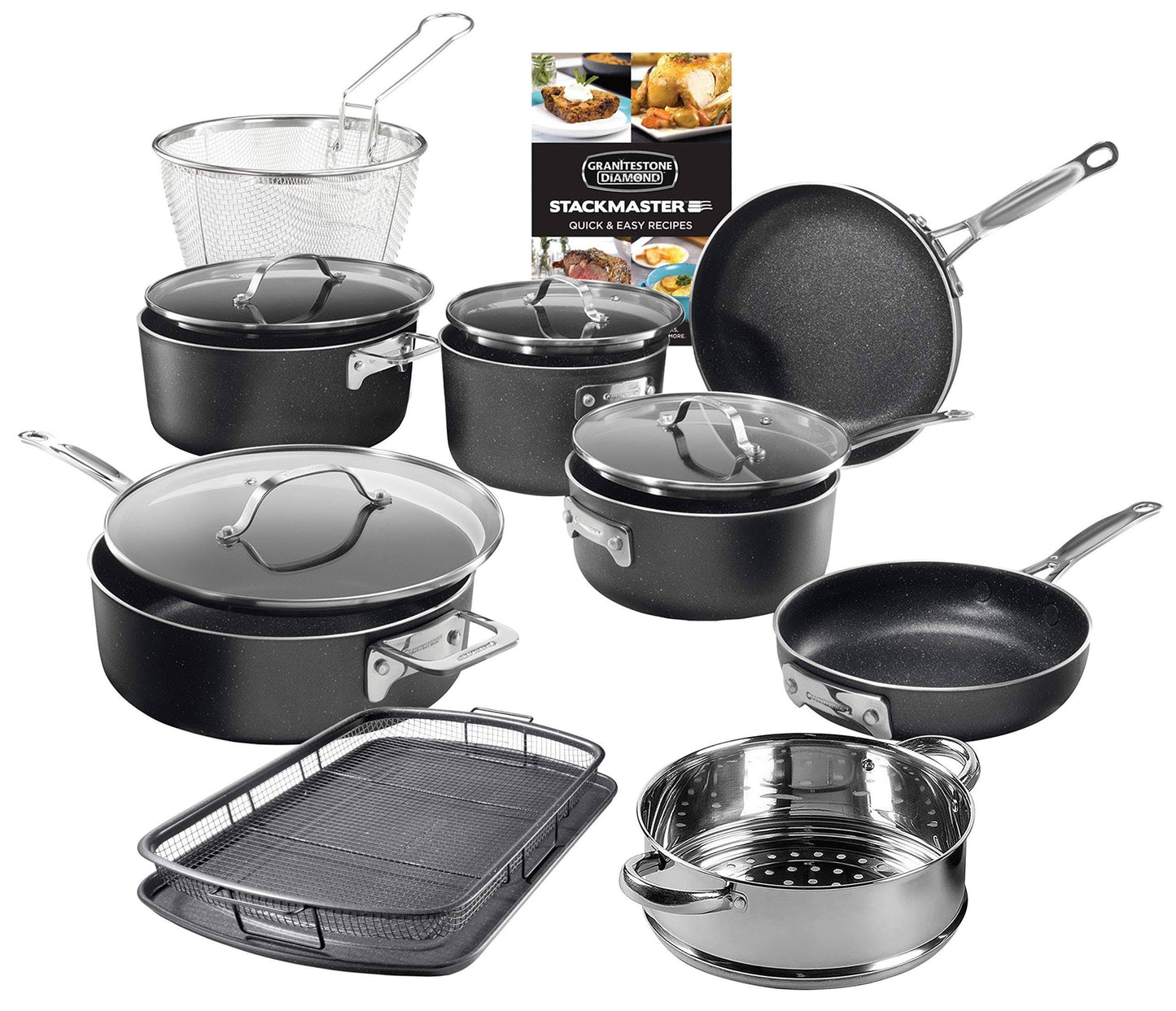 GRANITESTONE Stackmaster 15 Pcs Pots and Pans Set Induction-Compatible, Nonstick Cookware Set, Scratch-Resistant, Granite-Coated Anodized Aluminum, Dishwasher-Safe, Pfoa-Free