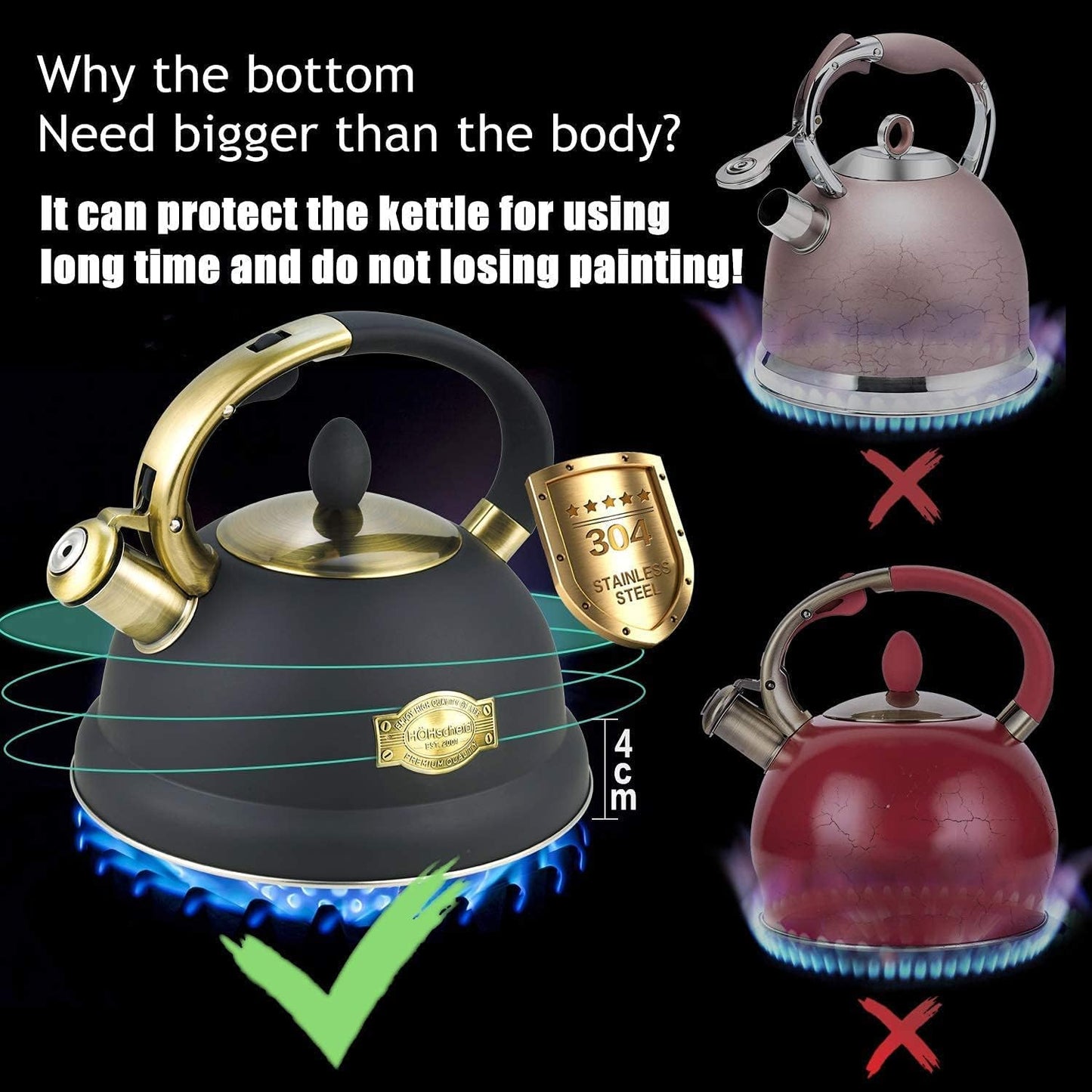 Tea Pots for Stove Top, 3 Liter Stainless Steel Whistling Tea Kettles with Fast Heating Bottom Base Ergonomic Cool Handle & Heat-Resistant Pad