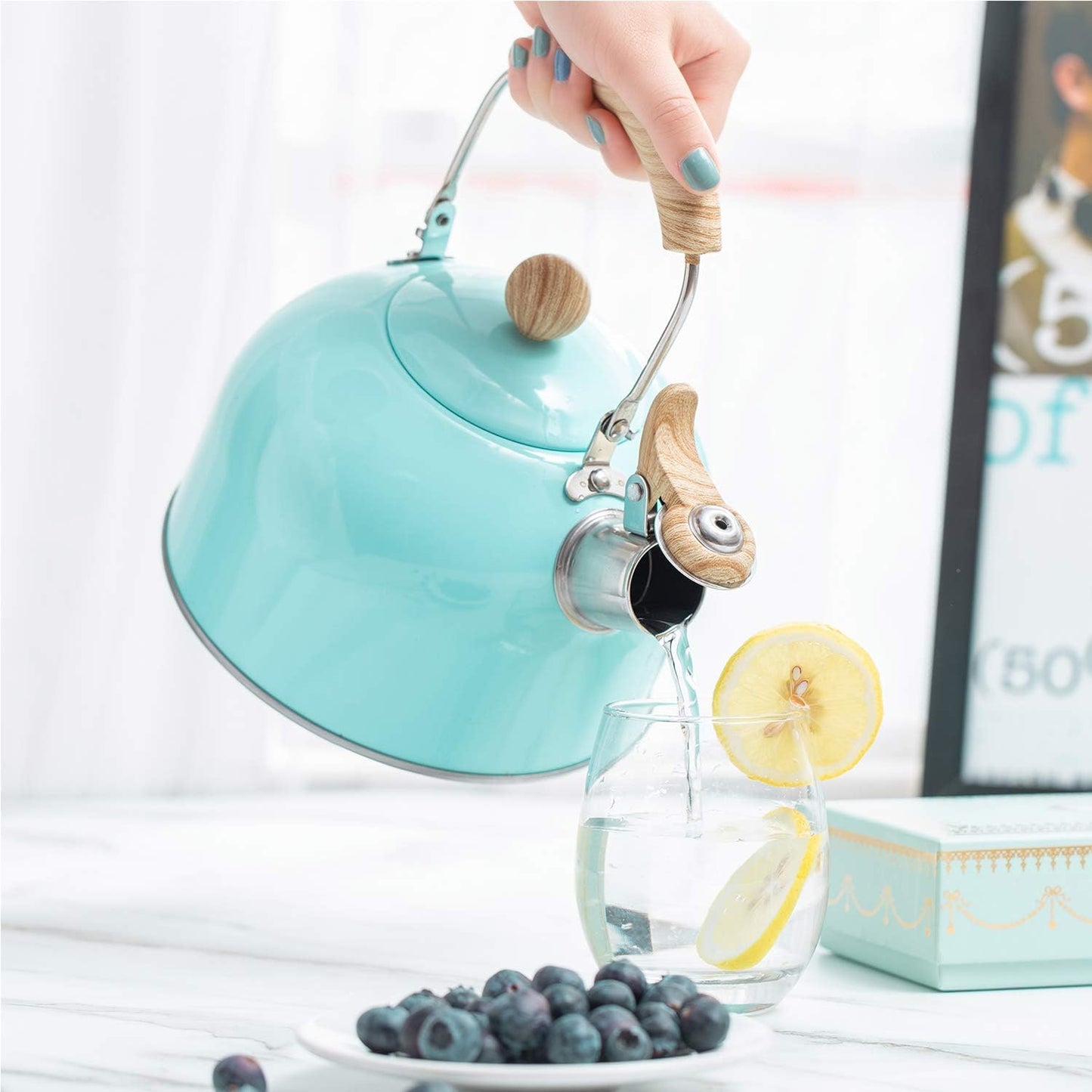 Tea Kettle, Tea Pot with Cool Touch Ergonomic Handle, Tea Kettle Food Grade Stainless Steel, Tea Kettle Stovetop, Kettle Teapot, Whistling Tea Kettle, Tea Kettle Pot, 2.5 Quart (Blue)