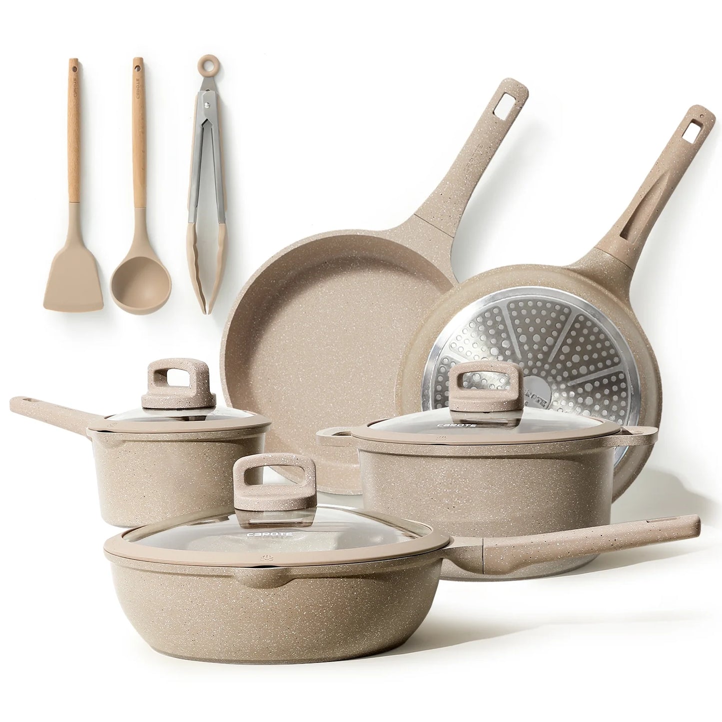 Nonstick Pots and Pans Set, 11 Pcs Non Stick Cookware Set, Induction Stone Cookware Kitchen Cooking Set (Taupe Granite)